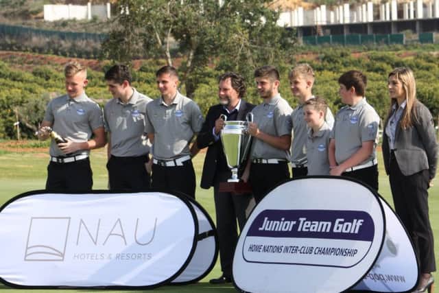 Beadlow Manor Junior Golf champions receiving trophy from Morgado manager & CEO on the 18 hole. PNL-170222-153047002