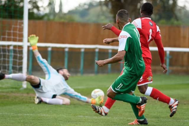 Biggleswade Town's Rhys Hoenes goes close. Picture: Guy Wills.