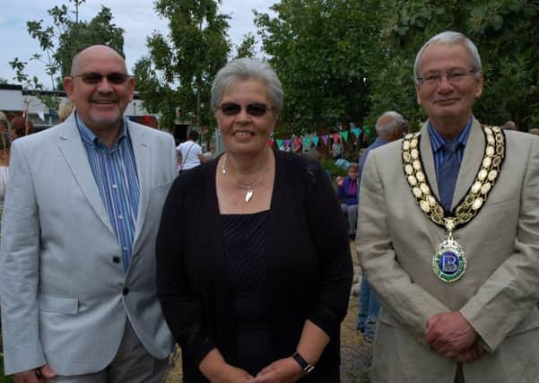 From left: Ivel Valley School Chair Of Governors Steve Court, Ivel Valley Schools retiring headteacher Julie Mudd and Mayor of Biggleswade Cllr Michael North at Thursdays garden party.