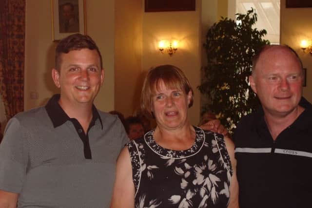 John O'Gaunt GC  Ladies Captains Day winning men - Bradley Waters and Ralph Ahern with Rosemary Kimber, Ladies Captain PNL-170726-160407002